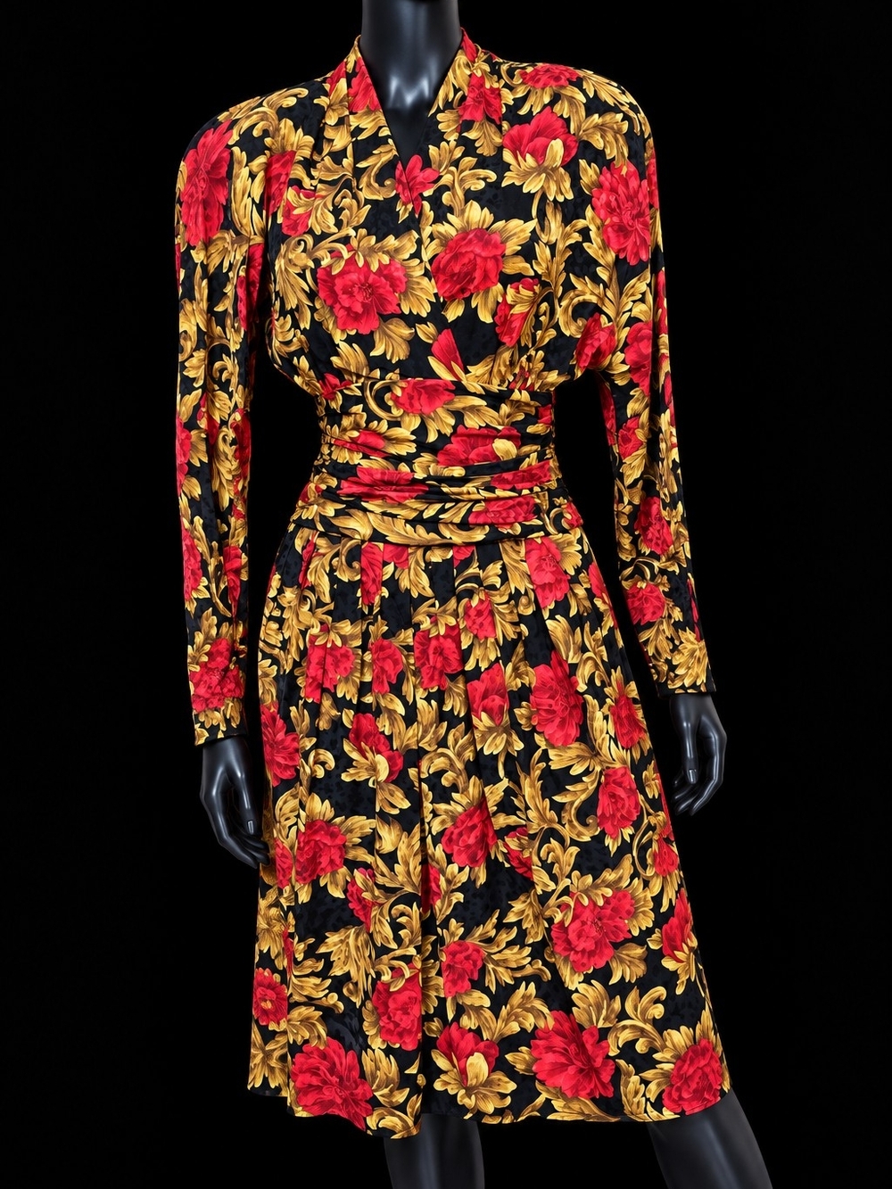 Vintage 80s MAGGY LONDON 100% Silk Baroque Floral Runway Dress Size 4 - Picture 1 of 8